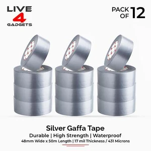 Duct Gaffer Tape Heavy Duty Waterproof Cloth Gaffa Duck Black Silver 50m x 12 - Picture 1 of 8