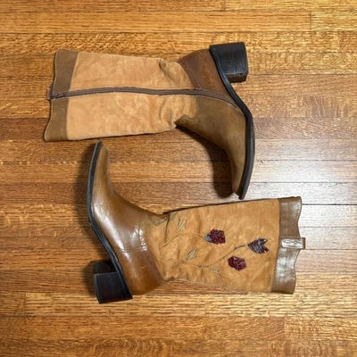 Leather Suede Western Boots Floral Embroidered Cowgirl Riding Size 6.5 - Image 1 of 4