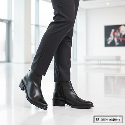 NUEVO CON ETIQUETAS Botas Etienne Aigner Luxe Todo Cuero 9M Negro Cremallera Brasil Tobillo Punta Foto 1 de 4