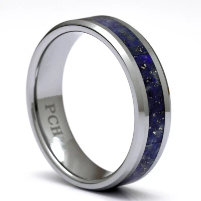Tungsten Ring With Blue Lapis Lazuli Inlay, 6mm Comfort Fit Wedding Band  - Image 1 of 4