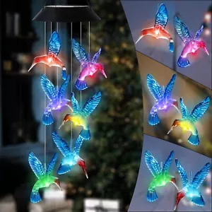 Hummingbird Solar Wind Chime Waterproof Outdoor Color Changing LED Lights - Picture 1 of 7