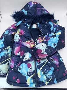 Justice Girls Large Puffer Jacket w/ Faux Fur Lined Hood; Actual Navy Splatter - Picture 1 of 3