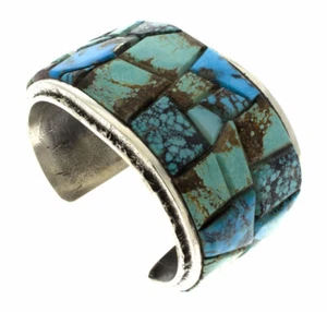 Raised Cobblestone Turquoise Inlay Bracelet By Navajo Artist Lester James - Picture 1 of 6