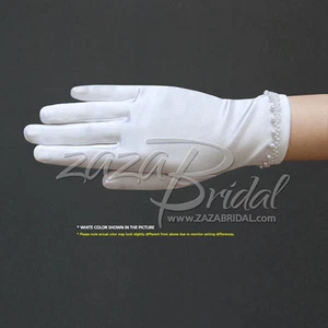 Girl's Satin Gloves with Faux Pearl Beads Accent Trim Around the Wrist - Picture 1 of 2