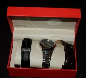 MEN's INTERCHANGEABLE STRAPS (3) SILVER WATCH, Black Dial, New in Original Box - Picture 1 of 2
