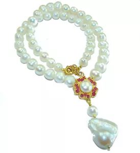 Precious Vintage Beauty Pearls Ruby .925 Sterling Silver handcrafted Necklace - Picture 1 of 4