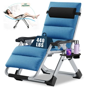 Adjustable Zero Gravity Chair Folding Lounge Chairs Blue Gray Double Side Mattre - Picture 1 of 24