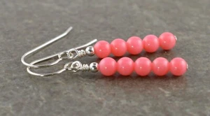 Tiny Pink Coral Gemstone & Sterling Silver Drop Earrings + Gift Box - Picture 1 of 8