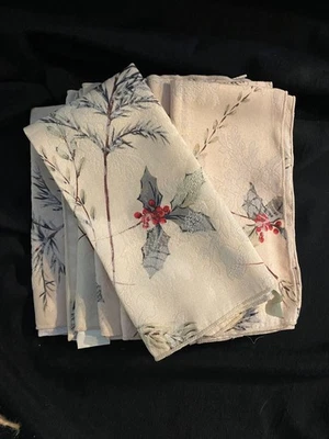 Christmas Winter Pine Branches/Holly Off White Jacquard Fabric Napkins Set of 8 - Image 1 of 4