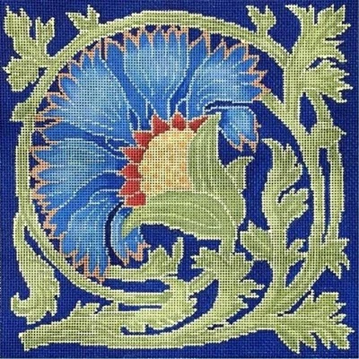 Needlepoint Handpainted Brenda Stofft Art Nouveau Blue and Orange Flower 10" - Image 1 of 4