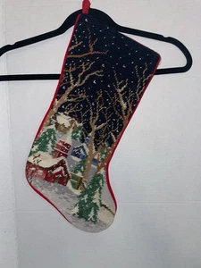 Weihnachtsstrumpf Wolle Nadelspitze von Hand Vintage Winterdorf Schneeszene - Bild 1 von 8