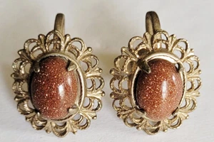 Vintage Goldstein Ohrringe Schraubverschluss filigran ovale Fassung 4 Krappen - Bild 1 von 3