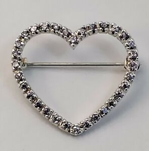 1.25" Sterling Silver Light Pink Bead Set Clear Stone Open Heart Brooch Pin
