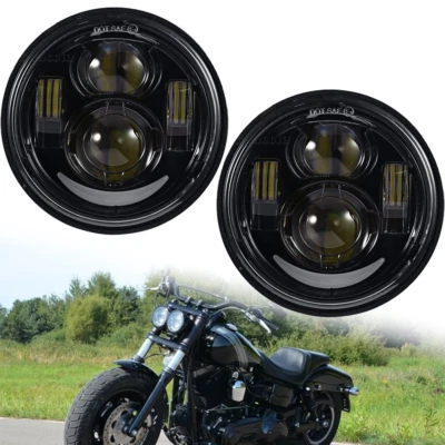 适用于 Harley Dyna Fat Bob FXDF 4.65 英寸黑色双 LED 车头灯 DRL 高/低光束 — 第 1/4 张图片