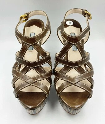 PRADA Brown Leather Caged Sandals Striped Wooden Heels Ankle Strap 37.5 7.5 - Image 1 of 4