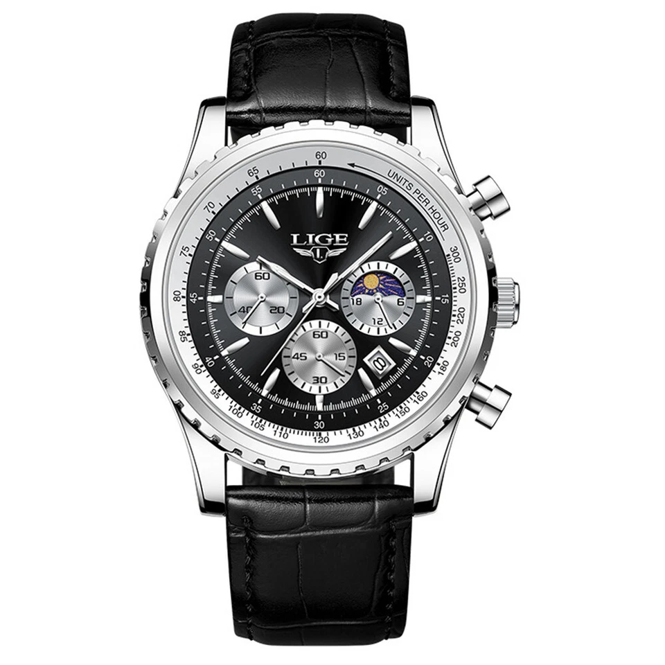 Lige Men's Model LG 8989 Chronograph Watch Silver Dial Leather Strap 46mm