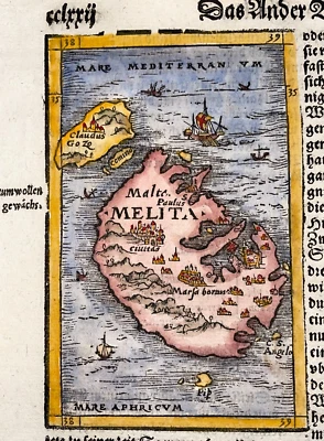 MALTA 1578 COSMOGRAPHY OF MUNSTER ANTIQUE MAP GERMAN EDITION - Image 1 of 3