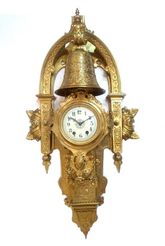 ANTIQUE CARTEL WALL CLOCK MONUMENTAL 38LBS. 34´´ ORMOLU W/ BELL GOTHIC AUTOMATON Cover