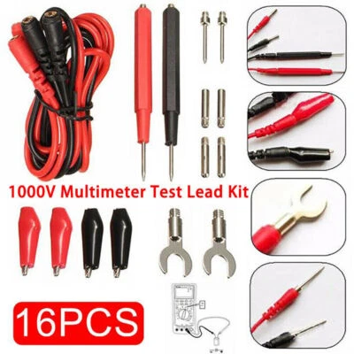 Digital Multimeter Probe Test Lead Kits Cable Alligator Clip Needle Tip 16pcs