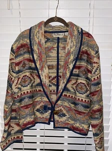 Vintage Flashback Aztec Print Jacquard Oversized Cropped Shacket House Coat M - Picture 1 of 3