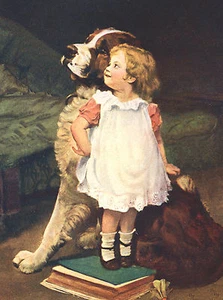 SAINT BERNARD LITTLE GIRLS STANDS ON BOOK BY DOG LOVELY GREETINGS NOTE CARD - Picture 1 of 1