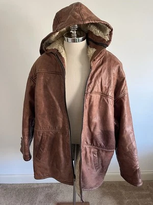 Abrigo Chaqueta con Capucha Cremallera Completa Forrado Sherpa Cuero Marrón TKO DE COLECCIÓN AÑOS 80 ¡PESADO! 2XL XX Foto 1 de 4