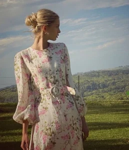 Palm Noosa Melrose Floral Dress Size 10 AU / 6 US Midi Ode To Pink Linen Belted - Picture 1 of 8