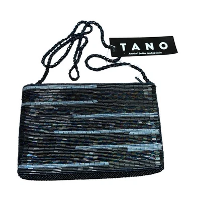 Bolso de noche vintage con cuentas negro satinado bolso de hombro NUEVO etiquetado Tano años 90 elegante Foto 1 de 4