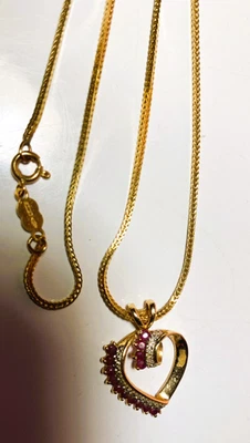 Beautiful 14K Y Gold Heart Pendant W/ Rubies  & 14K Y Gold Chain 16" Long ExcCon - Image 1 of 4