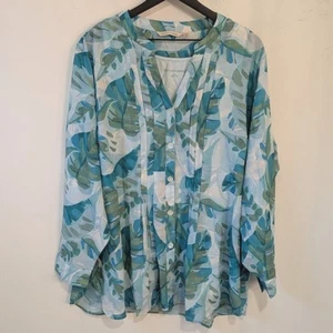 Soft Surroundings 2024 Blue Green Tropical Frond Leaf Blouse Two Piece 2X - Picture 1 of 8