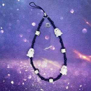 Czarno-biały Śliczny Ghost Phone Charm Pasek na nadgarstek Bezpieczeństwo Festiwal Emo Goth Alt - Zdjęcie 1 z 3