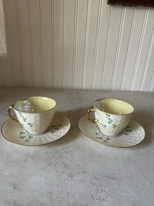 Belleek Shamrock Basketweave Gold Trim Rim Cups & Saucers Set Of 2 6th Mark - Picture 1 of 15