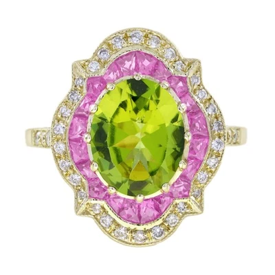 Anillo con halo estilo Art Deco de diamantes de zafiro rosa peridoto natural de oro amarillo de 14 Foto 1 de 4