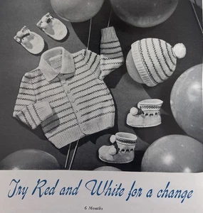 Vintage 1950s Sweater Knitting Pattern STRIPED Sweater Hat Mittens Booties 6M - Picture 1 of 1