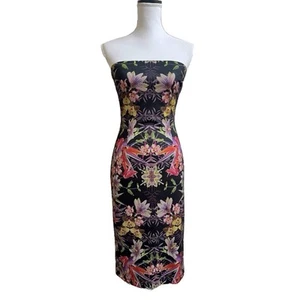 Bebe Floral Strapless Bodycon Pencil Dress Mesh Overlay Sz S Cocktail - Picture 1 of 6