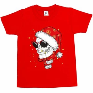 Totenkopf trägt Weihnachtsmütze & Schal lächelnde goldene Zähne Kinder Jungen/Mädchen T-Shirt - Bild 1 von 16