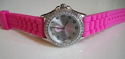 Relógio da moda Genebra rosa fita consciência câncer de mama silicone strass - Imagem 1 de 4