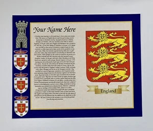 Coat of Arms and Surname Origin - England 3 Lions Historic Family Crest - Picture 1 of 4