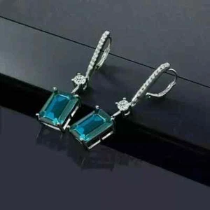 3.Ct Emerald Cut Lab-Created Diamond Blue Topaz Earrings 14k White Gold Finish - Picture 1 of 10