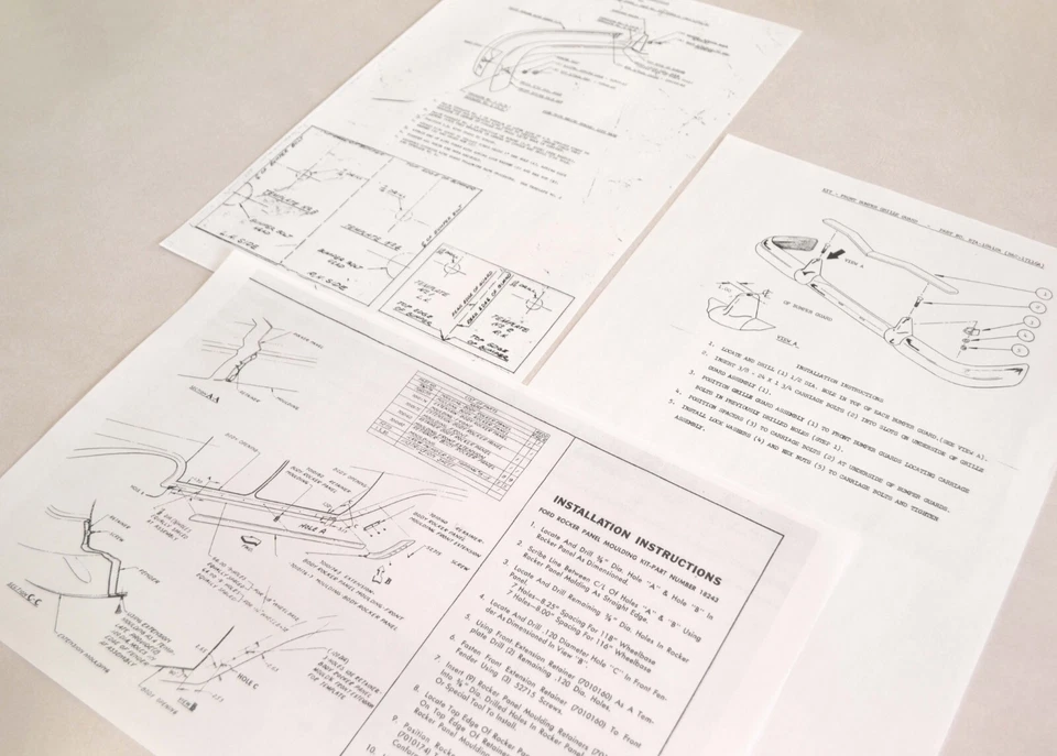 Ford Fairlane 1957 parrilla de parachoques, protector de ala, diagramas de instalación del panel basculante Foto 1 de 1