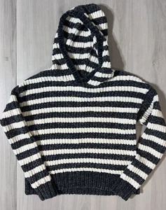Girls Justice Gray White Stripe Hooded Thick Chunky Knit Sweater Size 14/16 SOFT - Picture 1 of 4