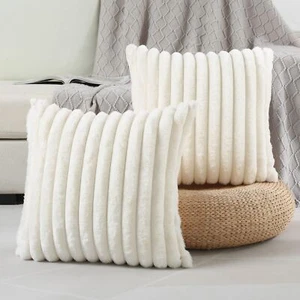 Cream White Striped Decorative Throw Pillow Covers 18x18 Inch Set of 2Square ... - Picture 1 of 6