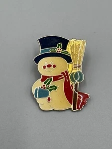 Vintage Christmas Snowman Holding Broom W/ Scarf Enamel Lapel Pin - Picture 1 of 3