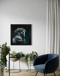 Framed White Galloping Horse With Green Flowers In Its Main Printed On Velvet - Picture 1 of 5
