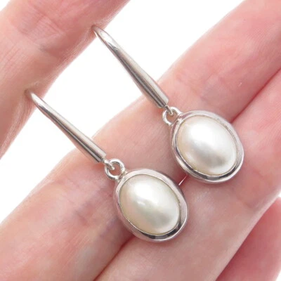 925 Sterling Silver Vintage Real Pearl Modernist Dangle Earrings - Image 1 of 4