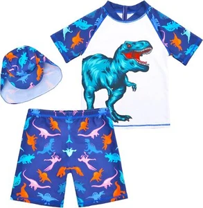 Boys Two Pieces Swimsuit Set Short Sleeve Kids Rash Guard Dinosaur 4-5T, Blue - Picture 1 of 5