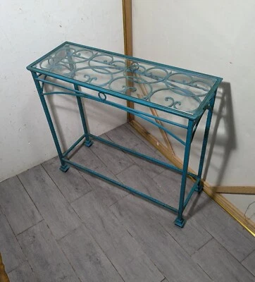 Mesa de entrada consola vintage Shabby Chic rústica azul hierro forjado metal vidrio Foto 1 de 4