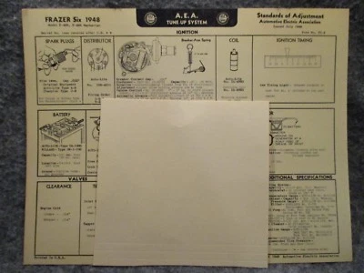 A.E.A. Tarjeta gráfica de especificaciones del sistema de afinación Frazer Six 1948 F-485 F-486 FZ-2 Foto 1 de 2