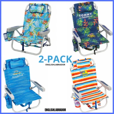 2-Pack Tommy Bahama Beach Chair Lay Flat, Reclining, Adjustable, Storage, NEW - Image 1 of 4