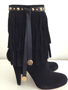 NIB Gucci Devendra Fringe Studded Mid Calf Black Suede Boots Sz 38.5 Never Worn - Picture 1 of 12